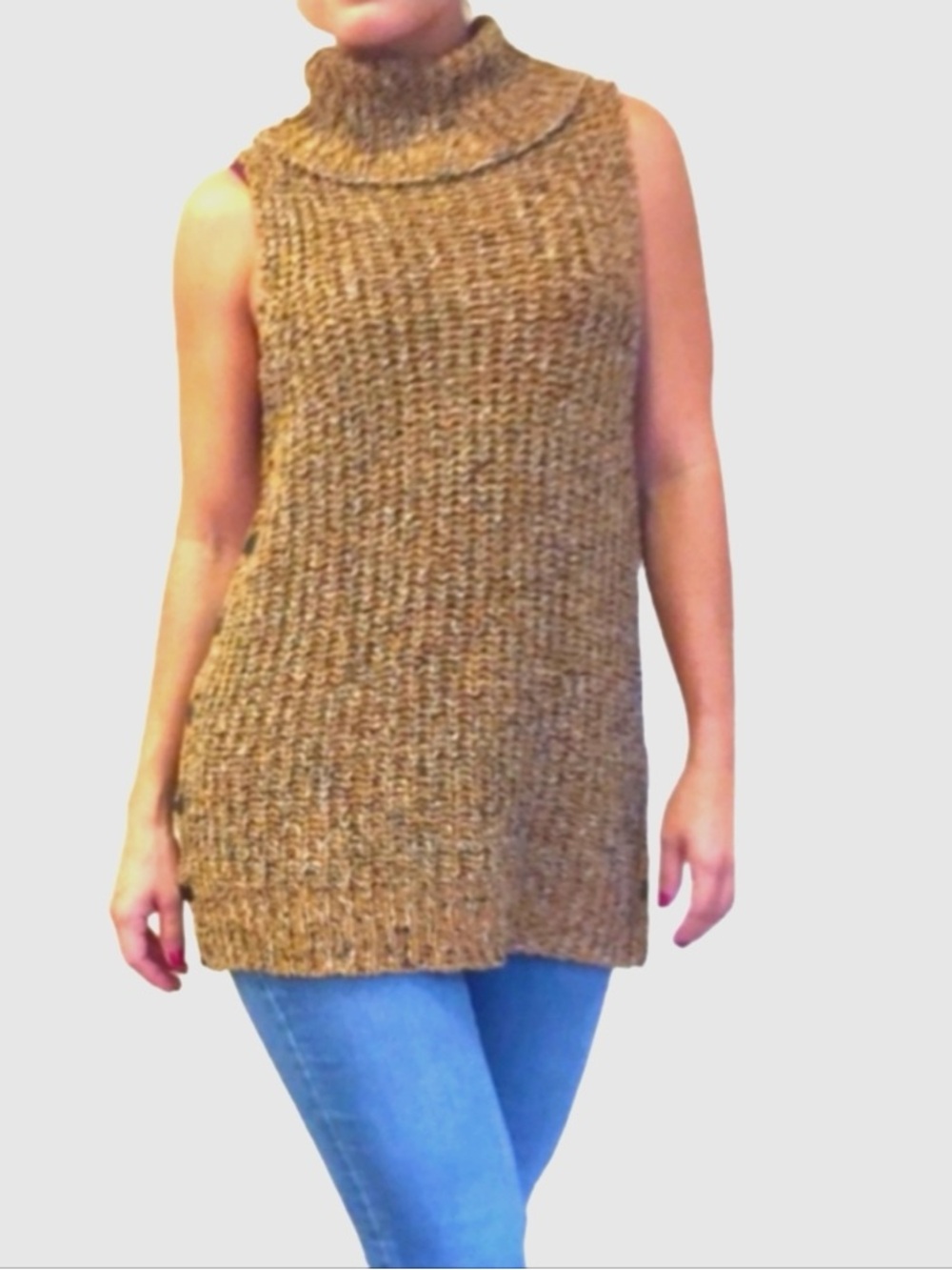 Free People. Valentina Chunky Sleeveless Tunic Sweater. Tan/Navy/White. Medium. - Picture 13 of 14